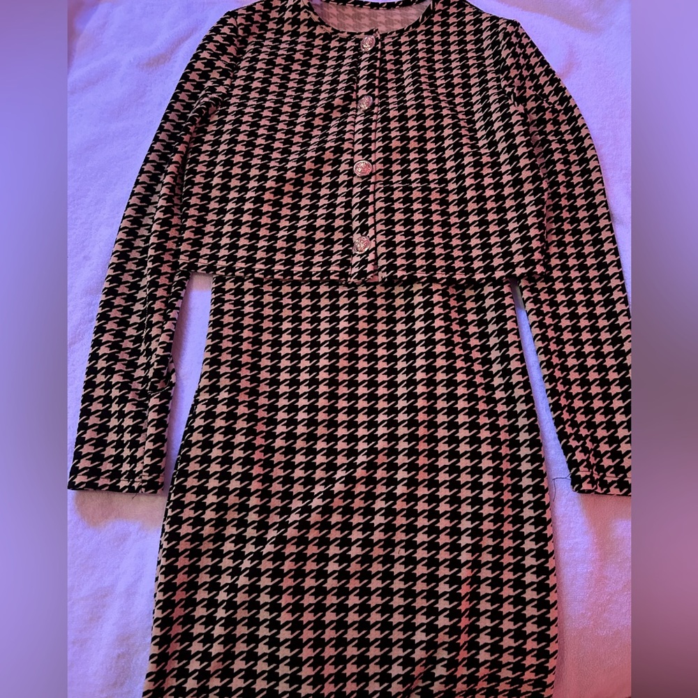 SHEIN Privé Ladies' Houndstooth Print Two-Piece Set